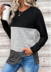 Patchwork Black Long Sleeve Round Neck T Shirt