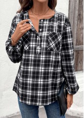 Plaid Button Black Long Sleeve Round Neck Blouse