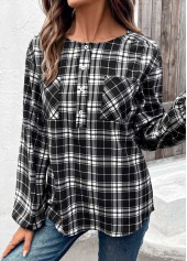Plaid Button Black Long Sleeve Round Neck Blouse