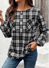 Plaid Button Black Long Sleeve Round Neck Blouse