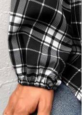 Plaid Button Black Long Sleeve Round Neck Blouse