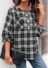 Plaid Button Black Long Sleeve Round Neck Blouse