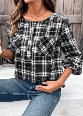 Plaid Button Black Long Sleeve Round Neck Blouse
