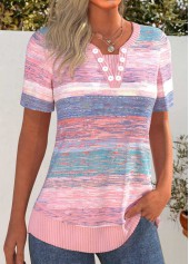 Striped Patchwork Pink Short Sleeve Split Neck T Shirt