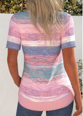 Striped Patchwork Pink Short Sleeve Split Neck T Shirt