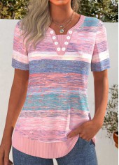 Striped Patchwork Pink Short Sleeve Split Neck T Shirt