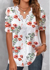 Floral Print Patchwork White Short Sleeve T Shirt