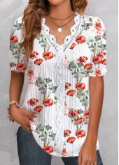 Floral Print Patchwork White Short Sleeve T Shirt