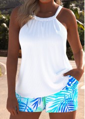 Tropical Plants Print Ruched White Tankini Set