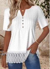 Embroidery White Short Sleeve Split Neck T Shirt