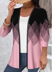 Geometric Print Embroidery Black 3/4 Sleeve Light Cardigan