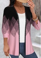 Geometric Print Embroidery Black 3/4 Sleeve Light Cardigan