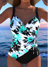 Floral Print Drawstring Cyan One Piece Swimwear
