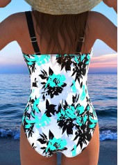 Floral Print Drawstring Cyan One Piece Swimwear
