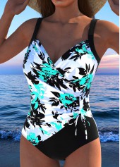 Floral Print Drawstring Cyan One Piece Swimwear