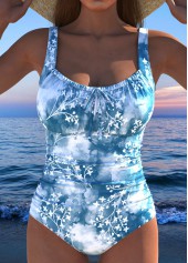 Floral Print Bowknot Dusty Blue One Piece Swimwear