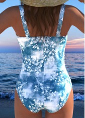 Floral Print Bowknot Dusty Blue One Piece Swimwear