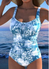 Floral Print Bowknot Dusty Blue One Piece Swimwear