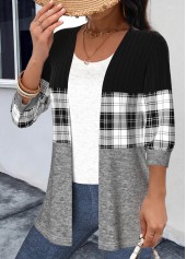 Plaid Patchwork Black 3/4 Sleeve Round Neck Light Cardigan