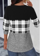 Plaid Patchwork Black 3/4 Sleeve Round Neck Light Cardigan