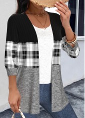 Plaid Patchwork Black 3/4 Sleeve Round Neck Light Cardigan