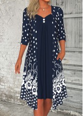 Floral Print Button Navy A Line 3/4 Sleeve Dress