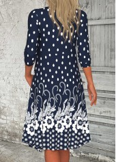 Floral Print Button Navy A Line 3/4 Sleeve Dress