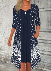 Floral Print Button Navy A Line 3/4 Sleeve Dress
