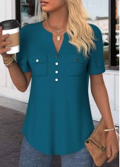 Button Peacock Blue Short Sleeve Split Neck Blouse