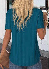Button Peacock Blue Short Sleeve Split Neck Blouse
