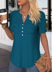 Button Peacock Blue Short Sleeve Split Neck Blouse