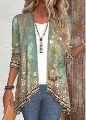 Floral Print Patchwork Sage Green Long Sleeve Light Cardigan