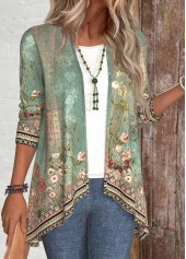Floral Print Patchwork Sage Green Long Sleeve Light Cardigan