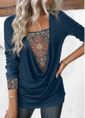 Tribal Print Patchwork Navy Fake Two Piece Twinset