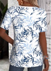 Leaf Print Tummy Coverage White Short Sleeve T Shirt