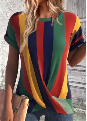 Multi Stripe Print Cross Hem Short Sleeve T Shirt