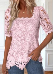 Lace Pink Half Sleeve Square Neck Blouse