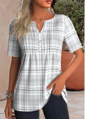 Plaid Tuck Stitch Grey Short Sleeve T Shirt