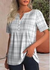 Plaid Tuck Stitch Grey Short Sleeve T Shirt