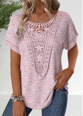 Embroidery Pink Short Sleeve V Neck T Shirt
