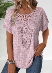 Embroidery Pink Short Sleeve V Neck T Shirt