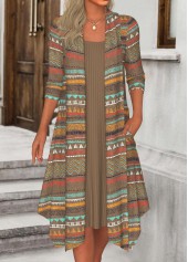 Tribal Print Fake 2in1 Dark Camel A Line Dress
