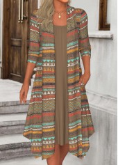 Tribal Print Fake 2in1 Dark Camel A Line Dress