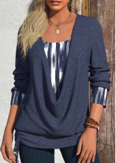 Geometric Print Fake 2in1 Navy Long Sleeve T Shirt