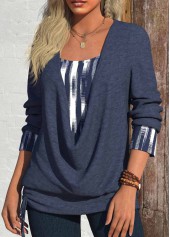 Geometric Print Fake 2in1 Navy Long Sleeve T Shirt
