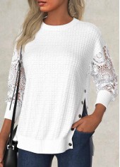 Embroidery White Long Sleeve Round Neck Sweatshirt