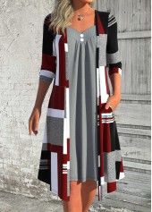 Geometric Print Patchwork Deep Red A Line Dress