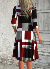 Geometric Print Patchwork Deep Red A Line Dress