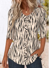 Tie Dye Print Ruffle Light Camel 3/4 Sleeve Blouse