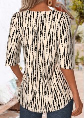 Tie Dye Print Ruffle Light Camel 3/4 Sleeve Blouse